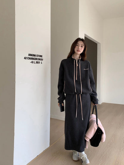 // 撞色邊小刺繡半拉鍊衛衣+半身裙套裝