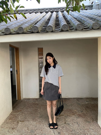 // 拼接針織翻領鈕扣混點間條上衣