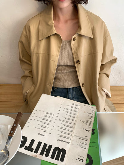 // vintage油蠟皮連腰包腰帶翻領中長外套