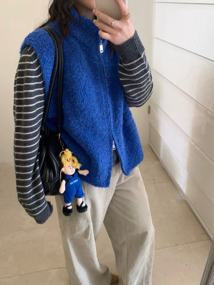 // 9%綿羊毛立領圈圈毛拉鍊背心