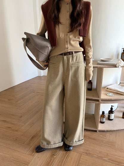 // 雙口袋裝飾加絨卷邊褲(連腰帶)