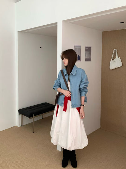 (現貨) // 簡約cutting翻領拉鍊牛仔外套