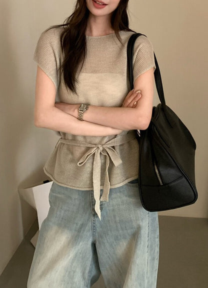 // 高級感飛飛袖綁腰針織上衣