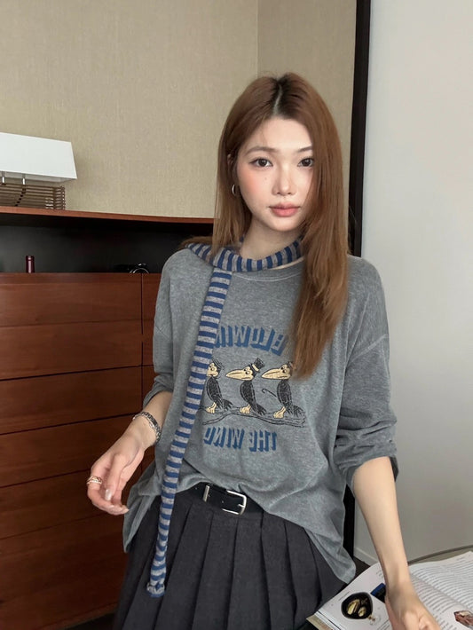 B187 / 韓系可愛印花長袖TEE(連間條小頸巾)