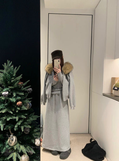 // 可拆毛毛領連帽拉鍊衛衣外套+中裙套裝￼