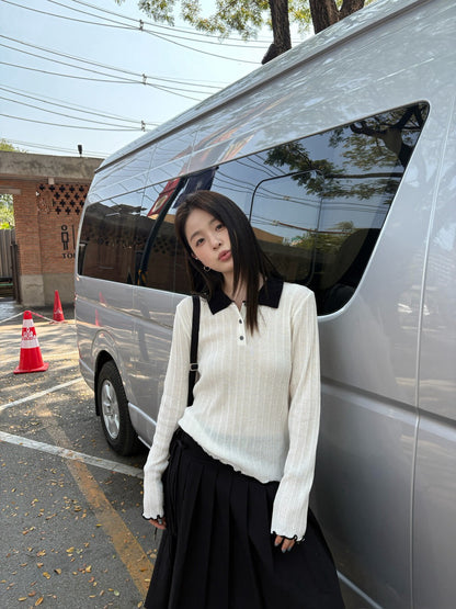 // 拼色領卷卷邊直紋鈕扣lyocell針織上衣