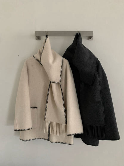 // 100%羊毛撞色鎖邊手工外套(連頸巾)