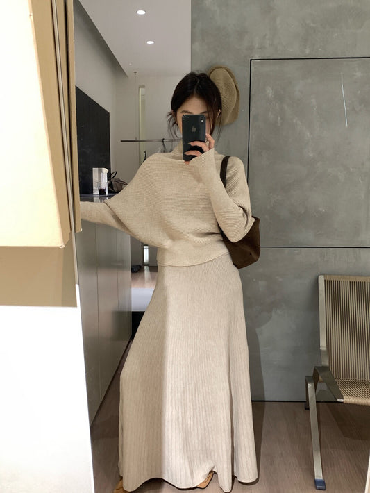 // 可前後穿小半領毛衣+褶褶針織裙套裝