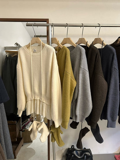 // 設計感軟糯鈕扣假兩件裙簾毛衣(連手套)