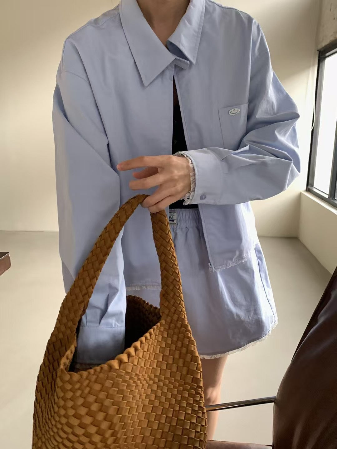 // 100%斜紋棉lace邊翻領外套+短褲套裝