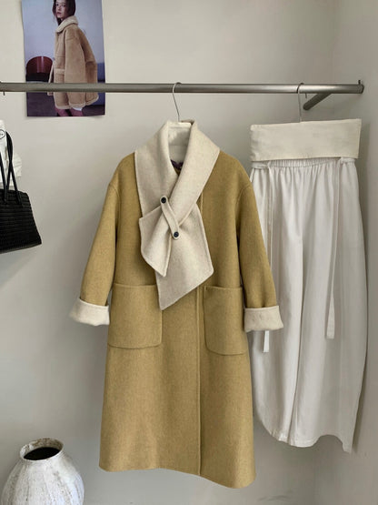 // 撞色內裡斜襟連頸巾100%羊毛雙面手工外套