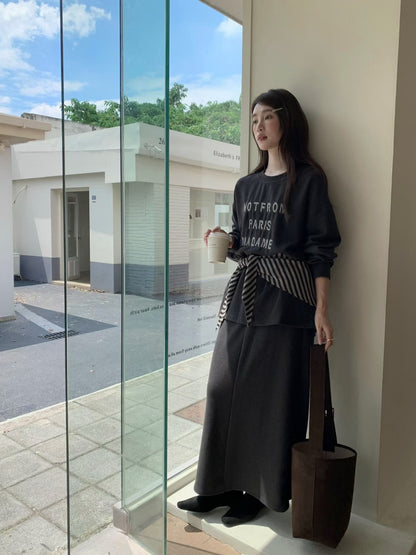 // 刺繡字母寬鬆TEE+半裙套裝(連披肩)