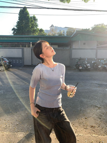 🌵 肌理感樹紋修肩彈性針織上衣