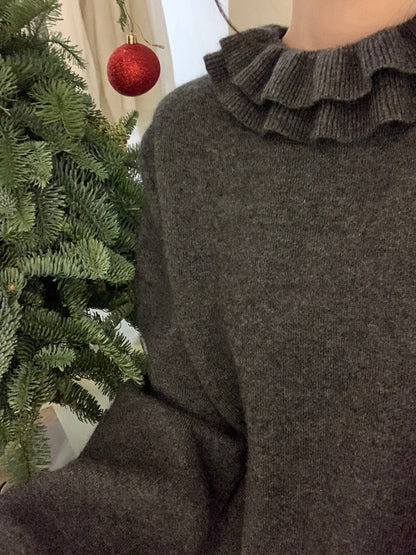 // 20%兔毛雙層荷葉領束袖口毛衣