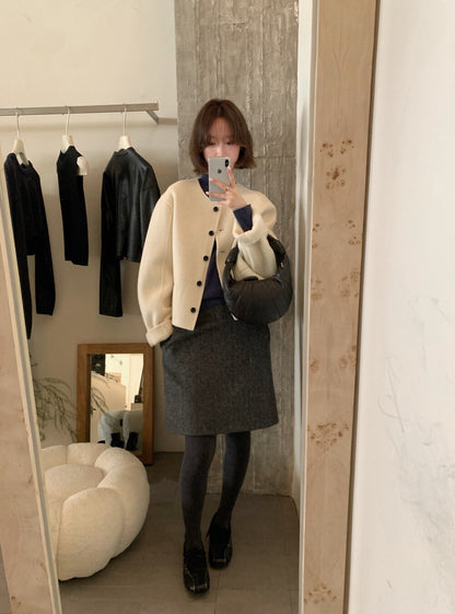 // 100%羊毛簡約圓領小口袋雙面羊毛手工外套