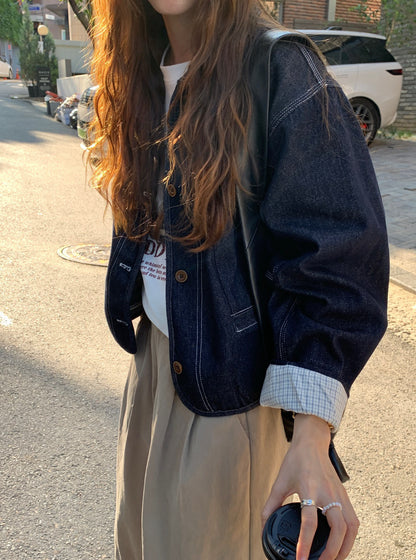 // 復古感明線格仔內裡拼接牛仔外套