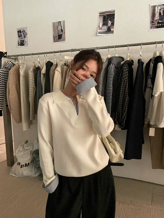 // 極簡風拼接間條恤衫假兩件翻領NT