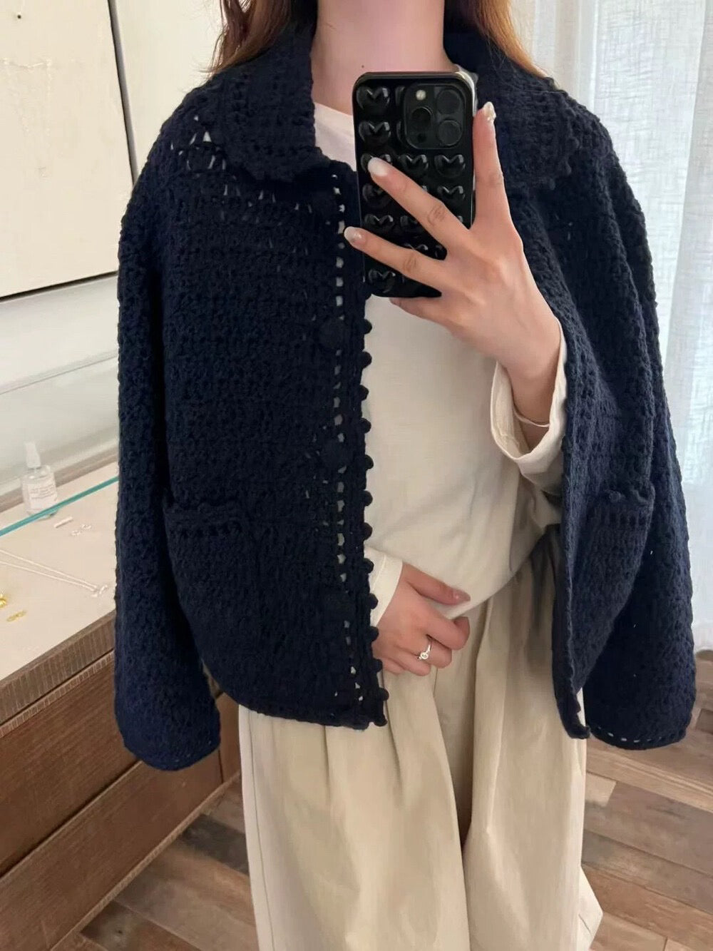 // 重工手工鈎花包扣口袋翻領CD