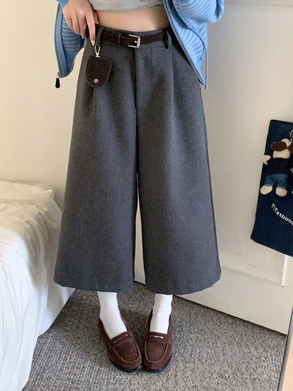 // 帥氣八分毛呢料加絨褲(連小腰包+腰帶)