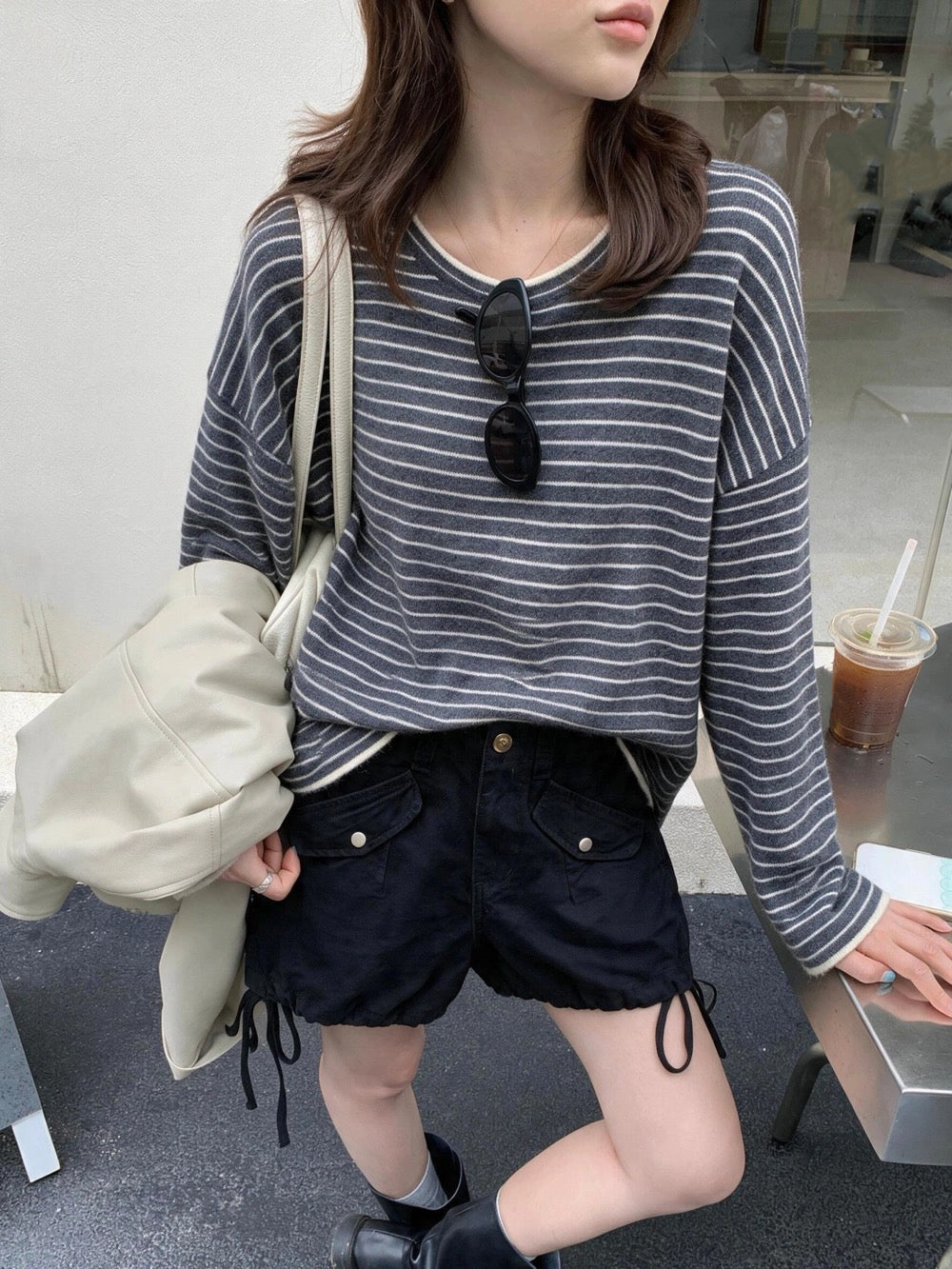 B218 / 寬鬆休閒look間條長款上衣
