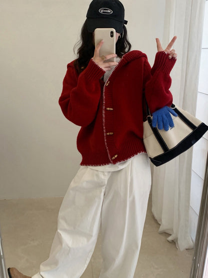 // 設計感撞色縫線包邊牛角鈕連帽CD