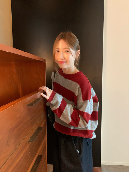 // 撞色粗間條100%羊毛圓領毛衣