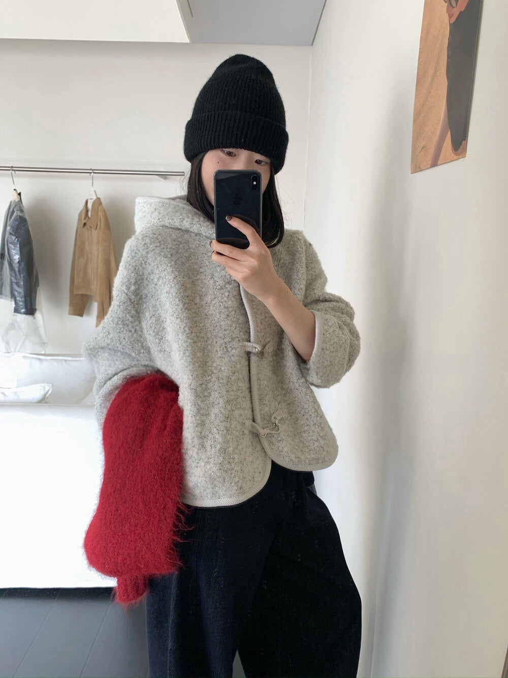 // 10%羊羔毛圈圈絨銀扣連帽外套