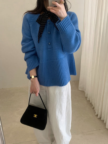 // 法式甜美直坑紋衣擺半鈕扣毛衣