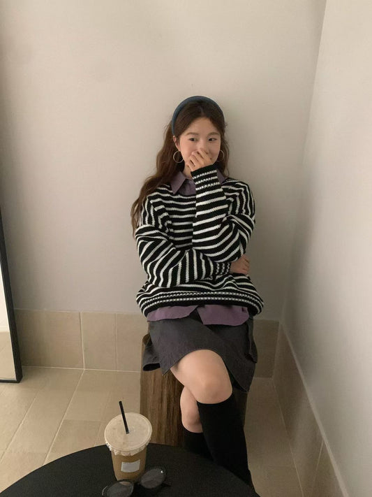 // 慵懶間條粗針毛衣
