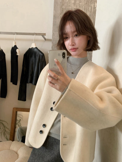 // 極美double鈕扣深V簡約100%雙面羊毛手工外套