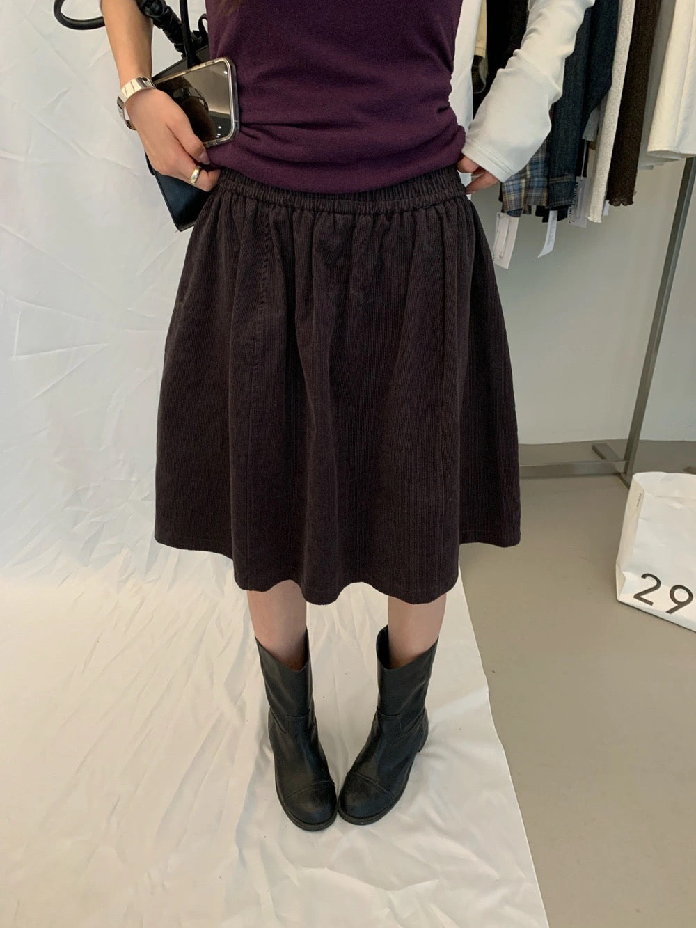 S29 / 復古燈芯絨橡筋腰傘型短裙
