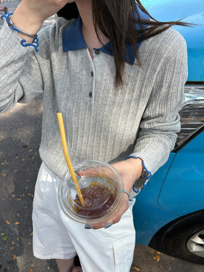 // 拼色領卷卷邊直紋鈕扣lyocell針織上衣