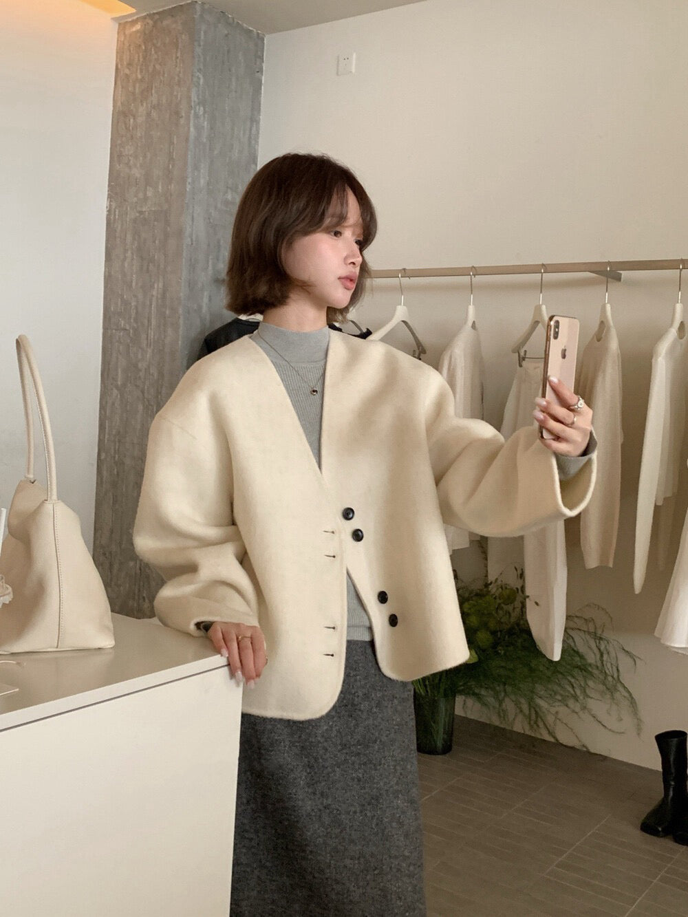 // 極美double鈕扣深V簡約100%雙面羊毛手工外套