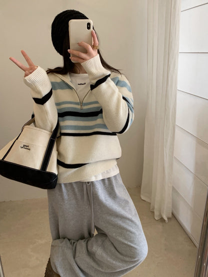 // 100%wool復古感拼間半拉鍊立領毛衣