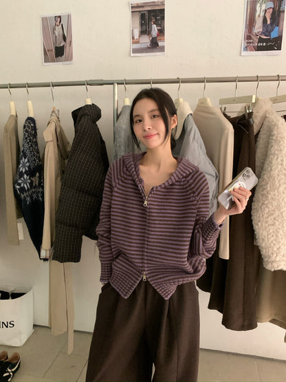 // 軟糯雙拉鍊細間條連帽CD