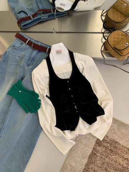 // 超美絲絨掛頸背心+打底上衣套裝