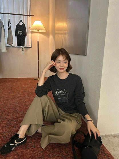 B207 / 可愛小貓圖案圓領長袖TEE