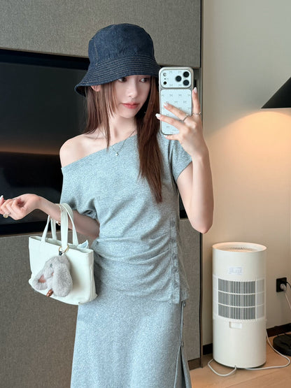 S41 / 慵懶感斜鈕扣下擺斜肩上衣+鈕扣修hip裙套裝