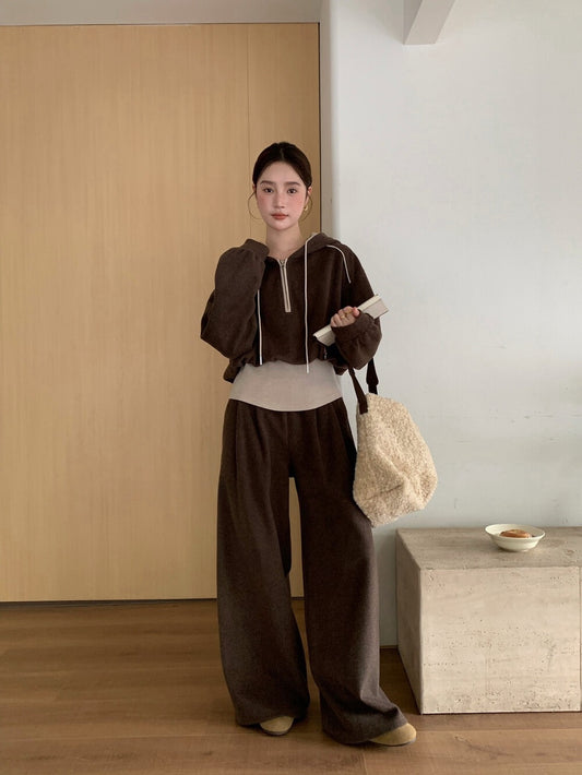 // 假兩件連帽拉鍊上衣+全長褲兩件套