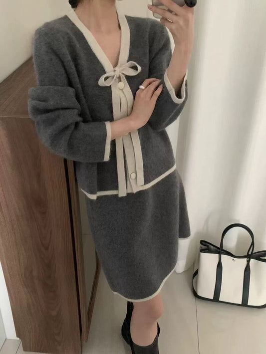 // 超軟糯撞色邊綁結開胸CD+短裙套裝(可分開單買)