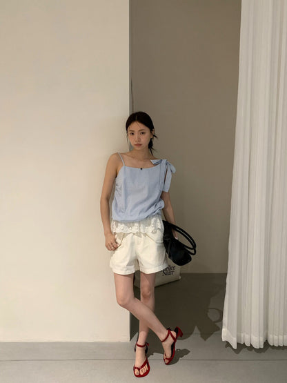 // 拼接鈎花邊單邊綁帶斜肩細格仔背心