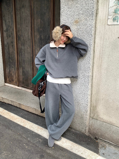 // 毛毛領半拉鍊衛衣+褲套裝