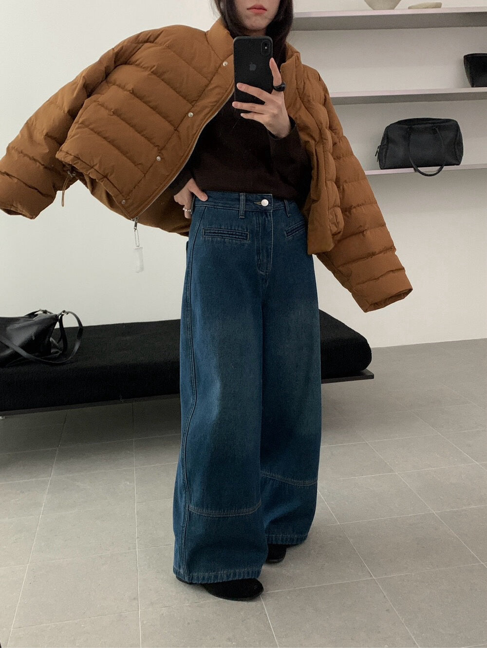 // 雙口袋裝飾拼接褲腳加絨全長牛仔褲