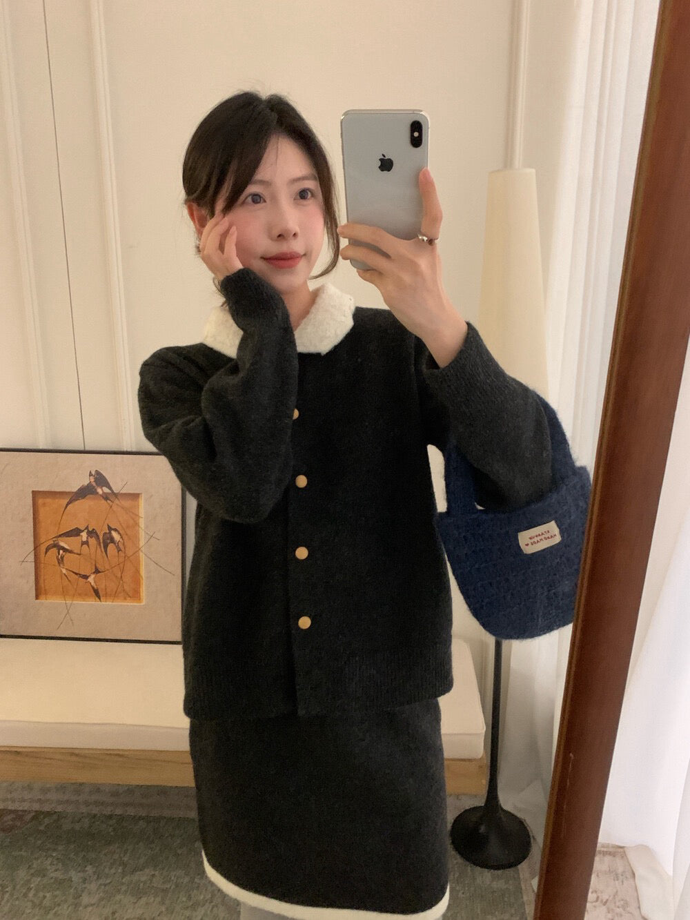 // 撞色領特別鈕扣開胸上衣+裙子套裝