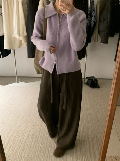 // 細直坑紋翻領上下拉鍊CD