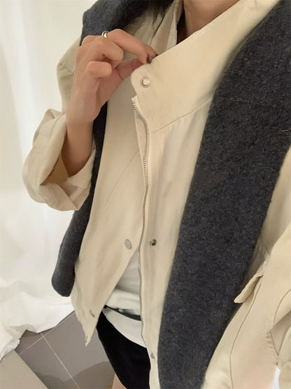 // 小立領口袋中長工裝洗水棉外套