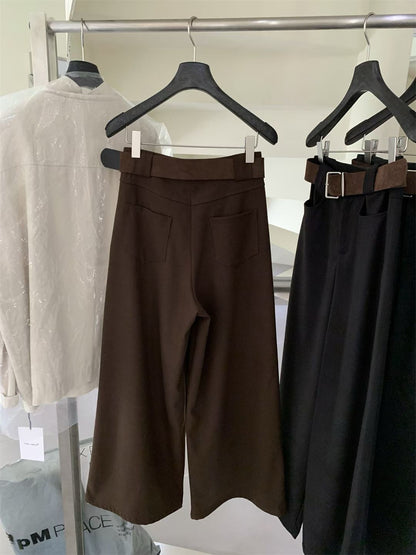 // 褲型完美連腰帶薄呢料褲