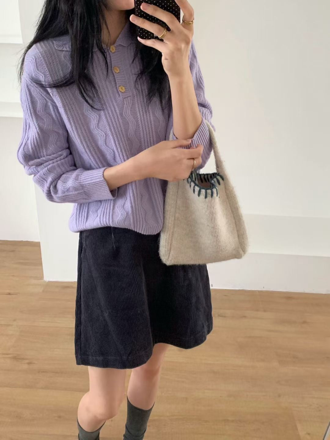 // 美美麻花織紋鈕扣翻領NT