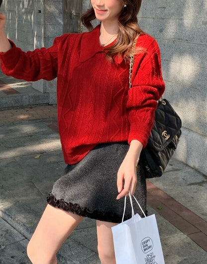 // 簡約麻花翻領毛衣