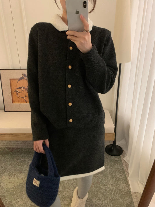 // 撞色領特別鈕扣開胸上衣+裙子套裝